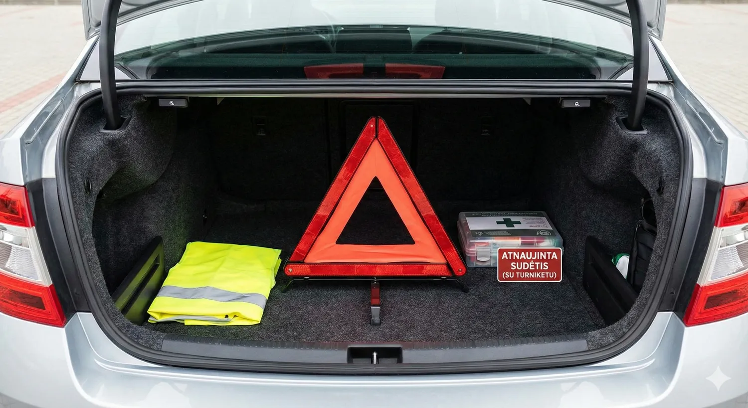 Šviesą atspindinti liemenė, avarinis trikampis ir vaistinėlė / DI nuotr.