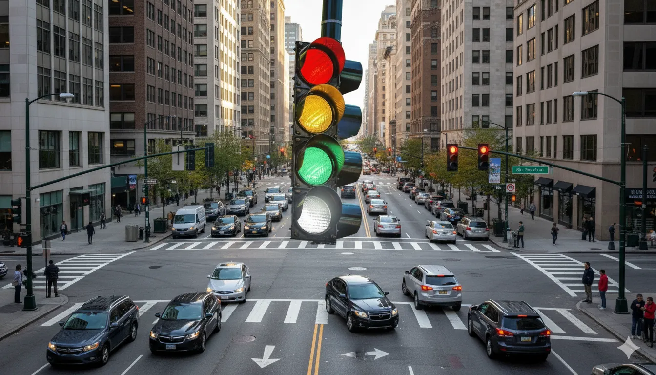 Šviesoforas su keturiomis spalvomis / AI nuotr.