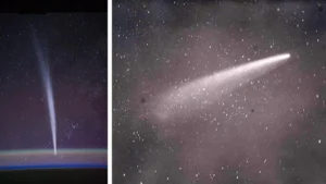 Kairėje: Kometa Lovejoy (C/2011 W3), nufotografuota iš Tarptautinės kosminės stoties (TKS). Dešinėje: 1882 m. „Didžioji kometa“ virš Pietų Afrikos. © Kairėje: NASA/Dan Burbank, dešinėje: Sir David Gill