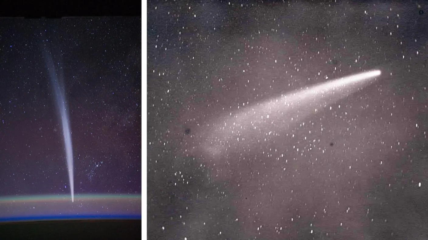 Kairėje: Kometa Lovejoy (C/2011 W3), nufotografuota iš Tarptautinės kosminės stoties (TKS). Dešinėje: 1882 m. „Didžioji kometa“ virš Pietų Afrikos. © Kairėje: NASA/Dan Burbank, dešinėje: Sir David Gill