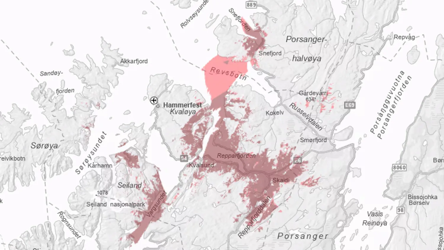 Šiose vietovėse Finnmarke yra šviesolaidinio tinklo sutrikimų / Grafika: „Telenor“