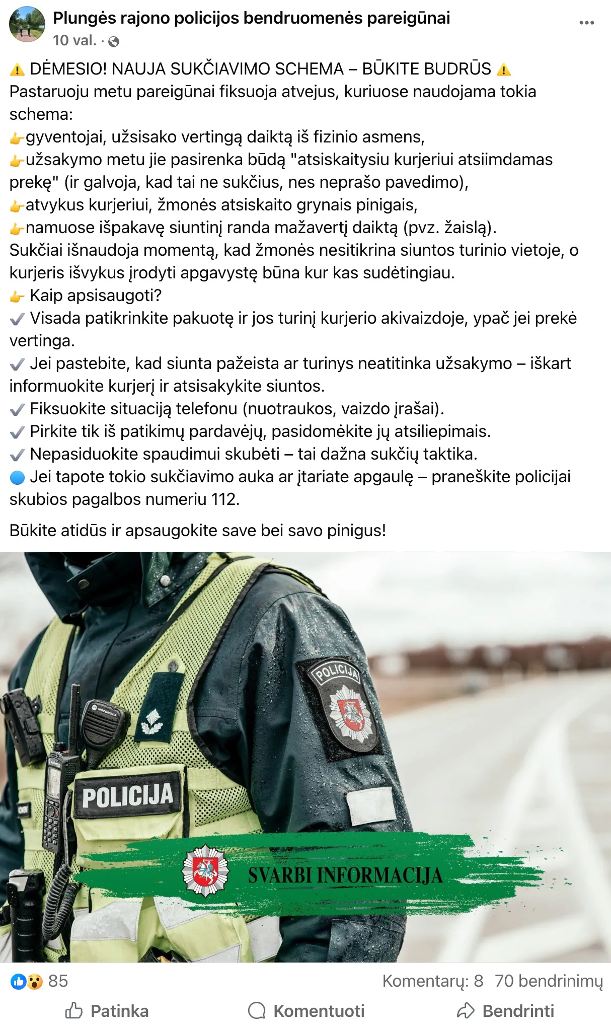 Perspėjimas dėl sukčių iš policijos