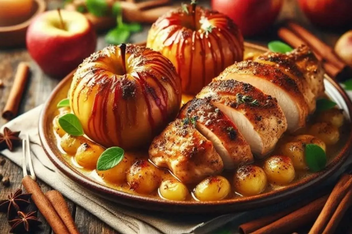 Kepti obuoliai su vištienos filė